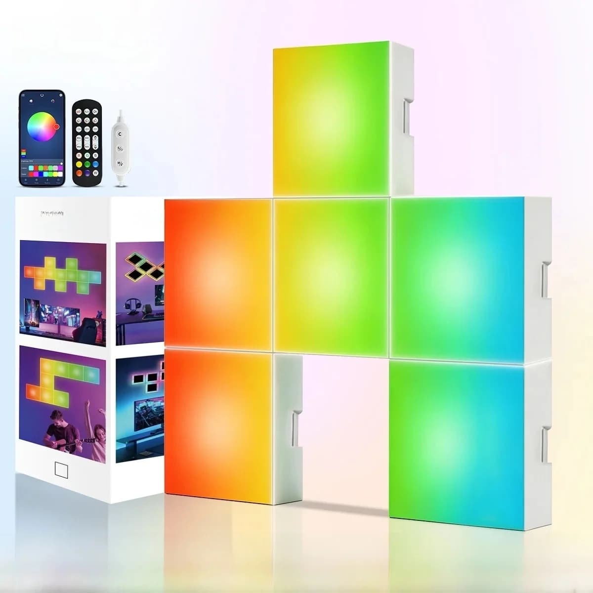 Kwadratowe panele świetlne RGB z synchronizacją muzyki, montaż na ścianie