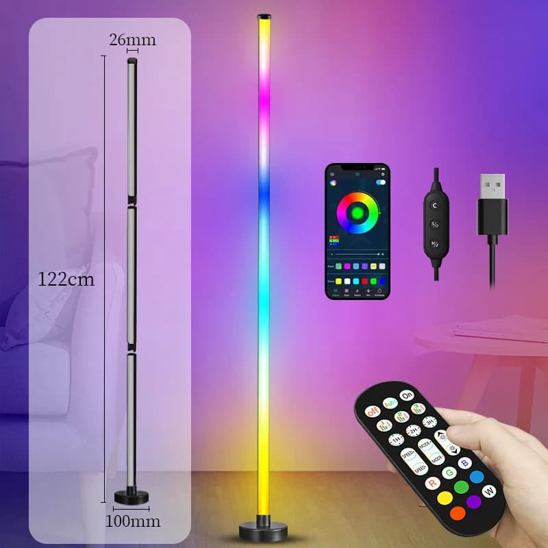Narożna lampa stojąca LED RGB z synchronizacją muzyki, sterowaniem aplikacją i pilotem